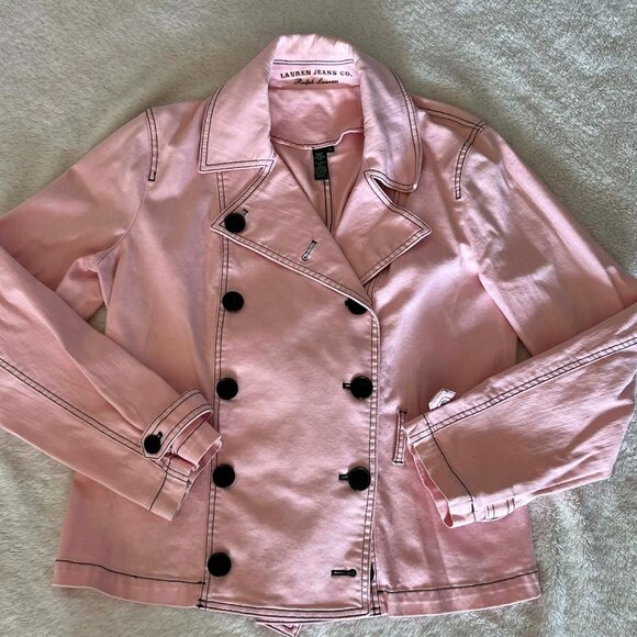 Ralph Lauren Jeans Co. Pink Double Breasted Denim Jacket without Belt size XL - Picture 4 of 7